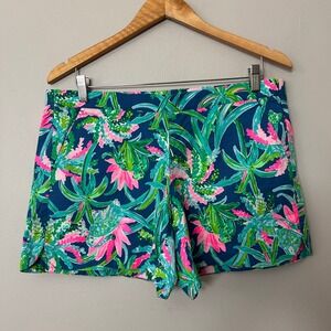Lilly Pulitzer Callahan Shorts Womens Large Blue Pink Floral Pull On Stretch